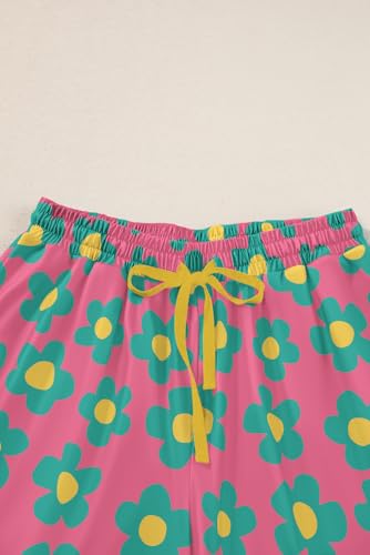 Image of KevaMolly Women Floral Notch Collar 2 Piece Holiday PJ Set | Print Short Sleeve Top, Drawstring Soft Vacation Sleep Shorts