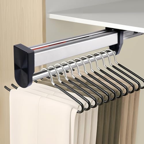 Pull Out Valet Rods for Closets, Clothes Hanger Rail Slide Out Adjustable Heavy Duty Stainless Steel Clothes Storage Hanger Rack for Pants Coats Top Mounted Wardrobe Pants Hanger(300mm/11.8inch)
