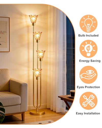 Image of Lightdot Glass Floor Lamp Dimmable 4-Lights Gold with Amber Glass Shade 3000K Bulbs Included Mid Century Modern Standing Tall Lamp with 5Lbs Heavy Base for Living Room /Bedroom /Sofa Beside /Corner Decor