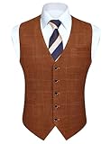 HISDERN Men's Suit Vest Orange Plaid Vest for Men Business Formal Dress Waistcoat Classic Slim Fit Cotton Plaid Vests for Tuxedo with Pockets Wedding