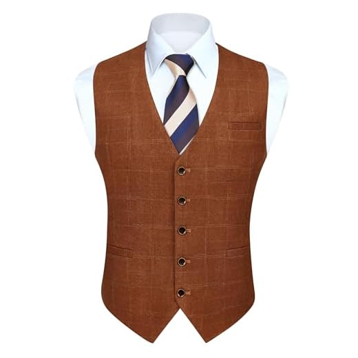 HISDERN Colete masculino xadrez formal para negócios colete colete slim fit para homens com 3 bolsos para terno ou smoking, Laranja - 3, G