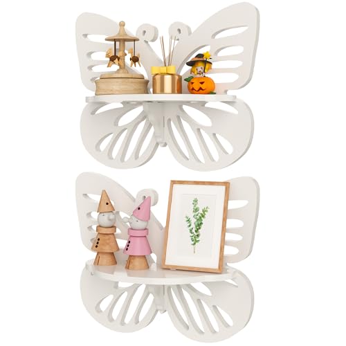 Image of Beskadi White Butterfly Shelves 2 Tier - Nursery Wall Deor Floating Shelf, Cute Wall Display Rack for Kid’s Room, Small Decorative Shelf Wall Mounted, Hanging Wall Shelf for Toys, Plants Storage.