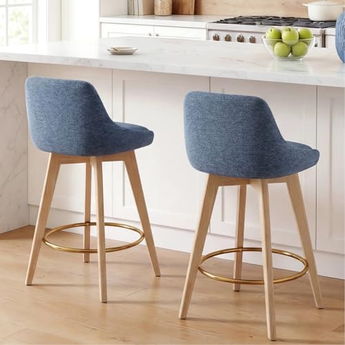 Image of Zesthouse Swivel Bar Stools Counter Height Set of 2, 26 inch Wooden Barstools with Back & Solid Wood Legs, Upholstered Linen Fabric Bar Stools for Kitchen Island, Modern Coastal Blue Counter Height Chairs