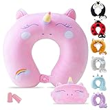 Cirorld Almohada Viaje niños, Almohada Cervical, cojin Cuello Viaje niños, Almohada viscoelastica Viaje en Coche, Tren y Avion, Soporte para La Cabeza, el Cuello y La Barbilla (Unicornio Rosa)
