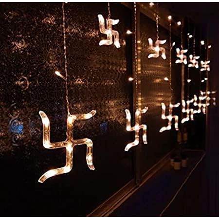 Image of URM Plastic Warm White Swastik Curtain Light, String LED Lights with Pack of 12 Hanging Swastik 8 Flashing Modes for Diwali Decoration, 5 Cm