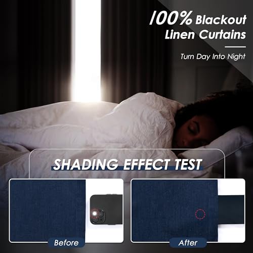 Image of Navy Blue 100% Blackout Linen Curtains for Bedroom 45 Inches Long Back Tab Thermal Insulated Modern Luxury Nautical Decor Black Out Curtain for Living Room Dining Room Drapes 52x45, 2 Panels