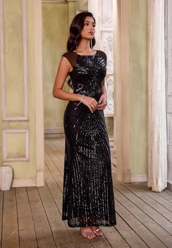 Image of ANGEL FASHIONS Women's Sheer Gold Sequined Black Splicing Evening Dress