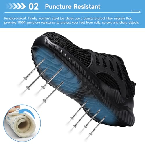 Image of Tinefiy Steel Toe Shoes for Women Lightweight Comfortable Slip On Safety Work Sneakers Cushion Puncture Proof Shoes Indestructible Shoe