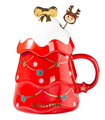 Eidoct Taza de cerámica de Navidad con tapa de nieve y palillo de agitación, 17 onzas (500 ml) Taza en forma de árbol de Navidad, regalo único para la oficina, regalo único para Navidad (rojo) Cover