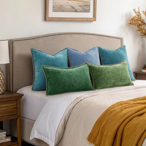 Image of decorUhome Fall Chenille Soft Cozy Throw Pillow Covers 24x24 Set of 2, Modern Farmhouse Boho Velvet Decorative Euro Sham Pillow Cases with Stitched Edge for Couch Sofa Bed Home Decor, Forest Green