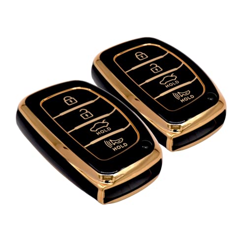 Image of KMH TPU Gold Car Smart Key Cover Compatible for Hyundai Alcazar Creta 2022 Venue i20 Tucson Elantra 4 Push Button Smart Key Shell Case Holder, Key Protector (Black Gold) Pack of 2