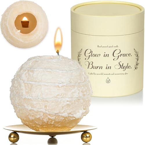 Image of Spiral Candles Burn Around, 4.5 Inch Beige, Unscented, Metal Base | Beeswax Soy Blend, Twisted Wave Design, Approx. 4-Hour Use, 10 oz Gift for Women