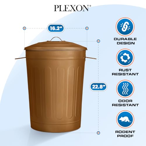 Image of Plexon 13 Gallon Metal Trash Can with Lid Outdoor Vintage Trash Can Steel Retro Garbage Can for Kitchen Farmhouse Rustic Bird Seed Storage Pet Food Cute Bucket, Brown 2 Pack