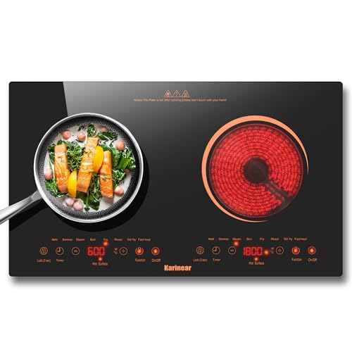 Karinear Placa vitrocerámica 2 fuegos con enchufe, 60cm, Portátil, Independiente, Borde naranja, Calor infrarrojo,Temporizador, Bloqueo para niños, Control táctil, 9 niveles de potencia