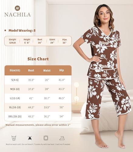 Image of NACHILA Bamboo Viscose Pajamas for Women Lace V Neck Capri Pants Pjs Set