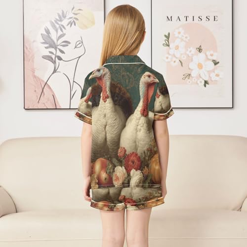 Satin Pajama Sets Short Sleeve Two Turkeys Thanksgiving Button Down Silky Nightwear 2 Piece PJS 5-14Y4