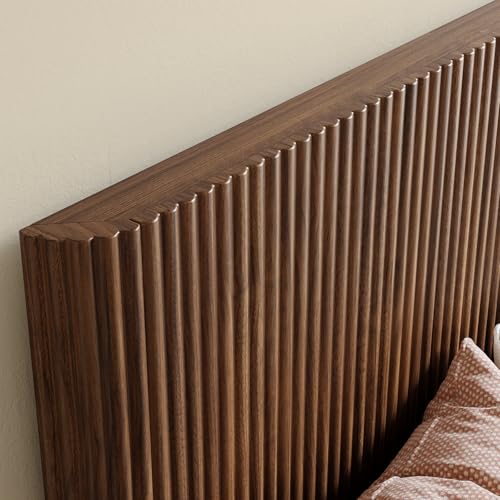 Image of Evermagin Walnut King Bed Frame with Headboard, Mid Century Modern Fluted Platform Bed, Boho Wooden Bed Base No Box Spring Needed, Wavy Grooved Panel