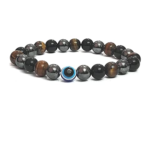 ASTROGHAR Natural Black Obsidian Hematite Tigers Eye Crystals Triple Protection With Evil Eye Crystals Bracelet For Men And Women, Standard, Crystal, Tiger's Eye