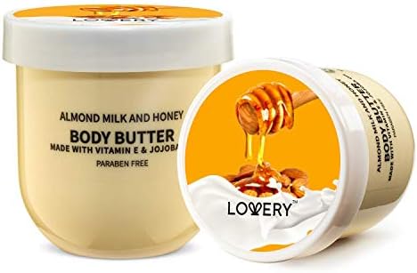 LOVERY Almond Milk and Honey Body Butter - 6oz Ultra-Hydrating Shea Butter Body Cream Enriched with Jojoba Oil & Vitamin E - Natural Skin Moisturizer for Men and Women - Normal to Dry Skin