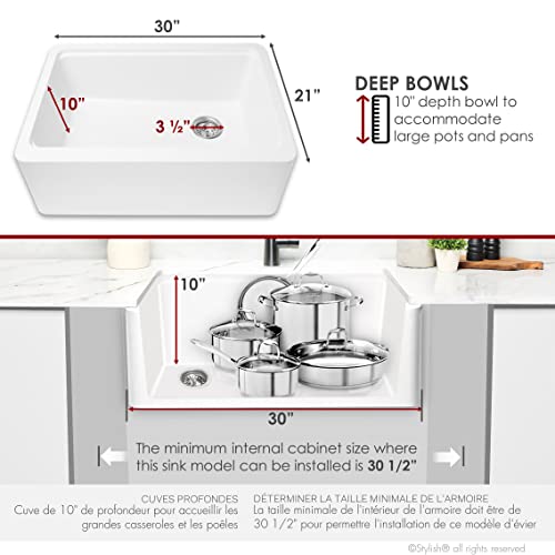 Image of Stylish 30 x 21 Inch Farmhouse Composite Granite Apron Front Workstation Kitchen Sink, Single Bowl Undermount /Flush-Mount, 10 in Deep, with Cutting Board, Colander & Strainer, White, S-830WH