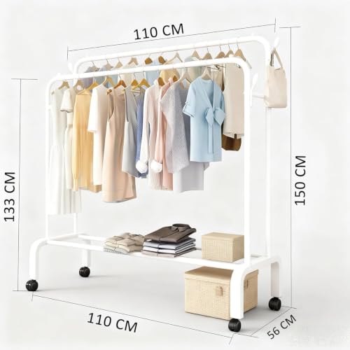 Image of HIWARE Metal Multifunctional Garment Stand Cloth Rack Freestanding Storage Organizer Stainless Steel Spider Strainer Ladle, 5.4 Inch - 150 x 110 x 40 CM ((Rail-White)