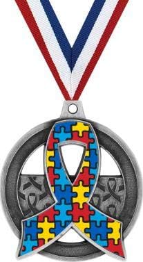 Crown Awards 2" Silver Autism Awareness Medals - Autism Puzzle Awareness Ribbon Gifts