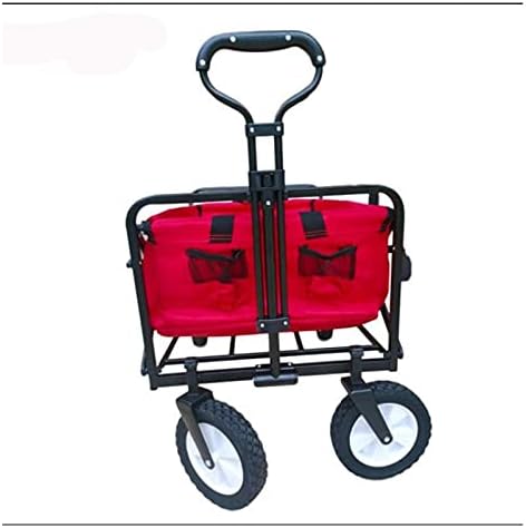 Folding Garden Cart Wagon, 4-Wheel Heavy Duty Folding Hand Truck, Red, Metal & Rubber