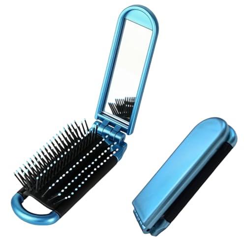 Mini Travel Hair Brush Small Foldable Compact Hair Brush with Mirror and Nylon Bristles Portable Comb for Gym Bag Purse Locker for Women and Men (Sky Blue, 1 Pcs)