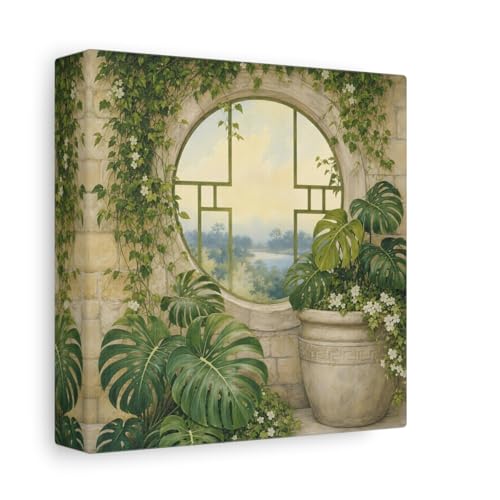 Toile Monstera et pierre 15x15 cm - Tableau végétal carré pour salon