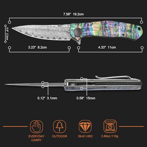AUBEY Damascus Pocket Knife for Women Men, Sharp 3.23" Damascus Steel Blade Knife with Clip, EDC Hunting Knives with Abalone Shell Handle, Gift for Camping Outdoor