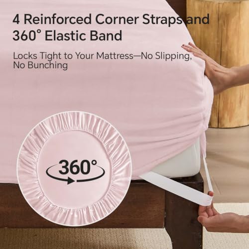 Image of BEDELITE Flannel Full Fitted Sheet & Pillowcases Set, Pink, 3 Pieces | Ultra Soft Plush Fleece Bed Sheet with Elastic Corner Straps, 16 Inch Deep Pocket, Fuzzy All-Season Gift & Room Decor