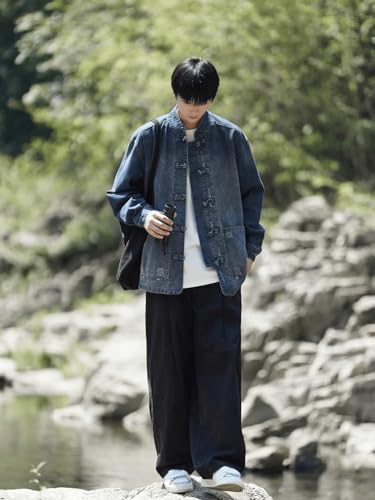 Men's Denim Jacket with Chinese Style Tang Suit Buttons - Gown Jacket3