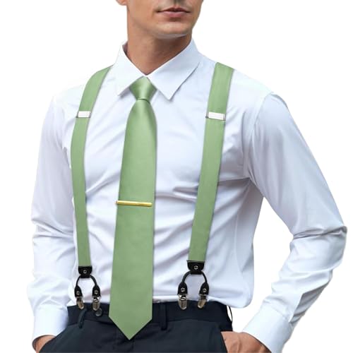 Image of Hi-Tie Men's Suspenders and Tie Set Silk Adjustable Elastic Y Braces with Strong 6 Clips Pocket Square Set