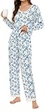 LUBOT Bamboo Viscose Pajamas for Women Soft Cooling Womens Pajama Set Two Piece PJ Sets Long Sleeve Pants Printed Pattern Loungewear Nightwear Sleepwear (Blue Flower,M)