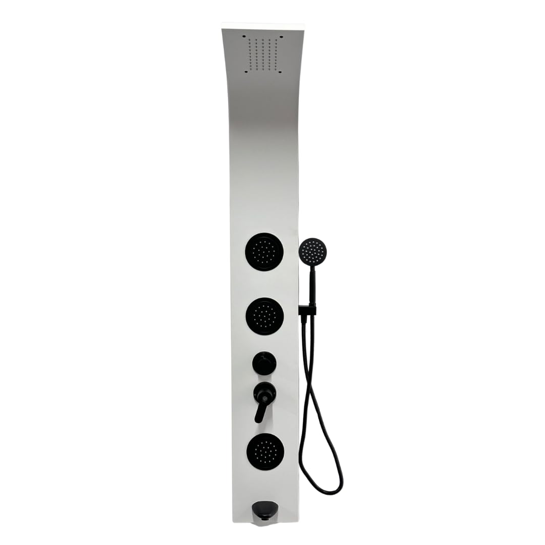 Sistema de ducha de lujo de acero inoxidable - Panel curvado de cuatro funciones (lluvia, masaje, ducha) - 150 x 20 x 7 cm (blanco mate)