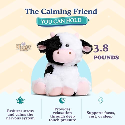 Image of Hugz Official Milkshake the Cow - Premium Weighted Stuffed Animal Plushie 3.8 lb for Adults & Kids - Microwavable - Heatable & Coolable - Super Soft Fur - Gift Ready Tube Packaging