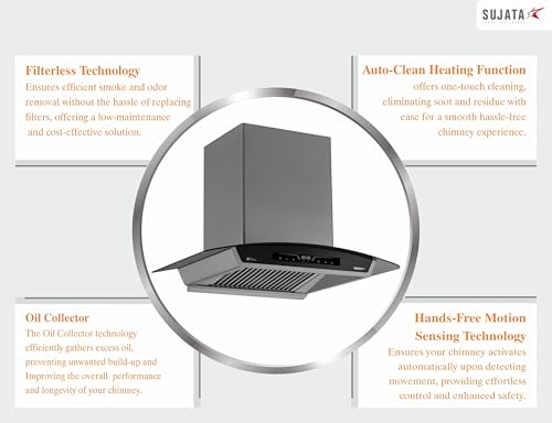Image of Sujata 75cm Auto Clean Kitchen Chimney | 15 Years BLDC Motor Warranty & 5 Years Comprehensive Warranty| 12 Gesture & Touch Control, Powerful Suction, Low Noise, Wall Mounted, LED Panel(Quartz-Black)