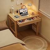 FUKEFUZ Escritorio Pequeño de Madera Maciza (Caucho) - Mesa de Ordenador con Cajón y Bordes Redondos - Mesa de Estudio Estrecha para Dormitorio y Oficina en Casa(Natural,27.6in)