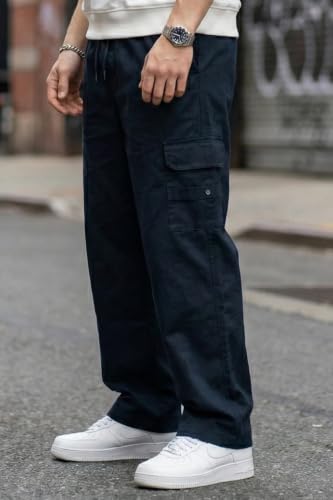 Image of Veirdo Pure Cotton Baggy Fit Regular Length Mid Rise 4 Pocket Cargos for Men (Colors: Black, Olive, Grey, Brown & Navy)