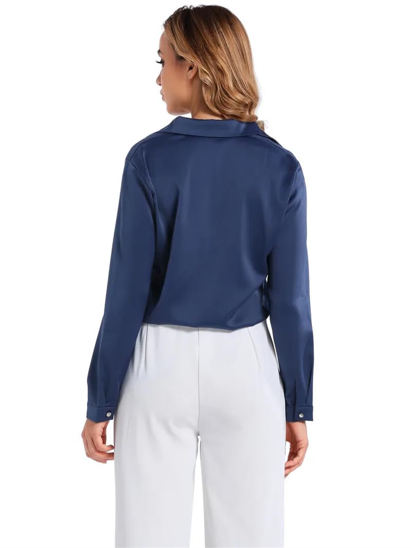 Blusas de satén para mujer, cuello en V, color liso, camisas de manga larga blancas
