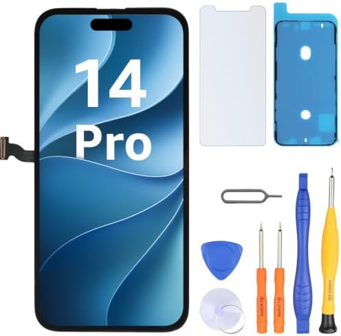 LL TRADER Display für iPhone 14 Pro 6.1" LCD Ersatzbildschirm und Kits A | Retina FHD 3D Touch Digitizer Rahmenmontage mit Wasserfestem Klebeband und Displayschutzfolie (True Tone