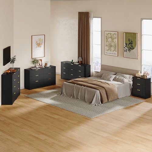 Image of Fluted 8 Drawer Dresser for Bedroom, 55 inch Wide Modern Wooden Chest of Drawers with Metal Handles, TV Stand & Closet Storage Organizer for Living Room,Hallway, Black