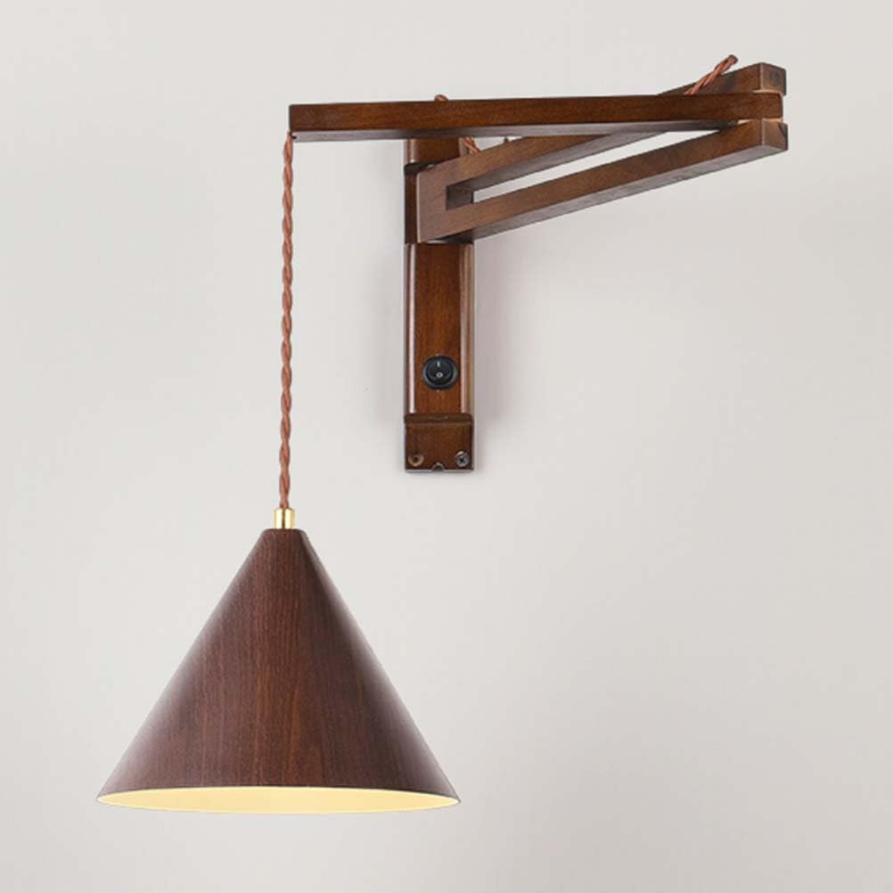 AoLa Holz Schwenkarm Wandleuchte Innen mit Schalter Verstellbarer Wandlampe Vintage Industrial E27 Langer Arm Leselampe Einstellbar Retro Lampe für Schlafzimmer Kinderzimmer Arbeit Hotel,Braun
