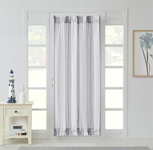 Central Park White French Door Curtain Navy Blue Stripe Sheer Panels Boucle Linen Texture Drapes Rod Pocket Yarn Dyed Woven Window Treatment for Living Room with Tieback (50" Wx 72" L, 2 Panels)