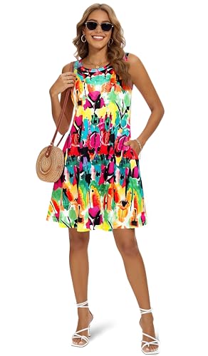 Image of Summer Dresses for Women 2026 Casual Sundresses Beach Cover Ups Sleeveless Tshirt Swing Dress with Pockets