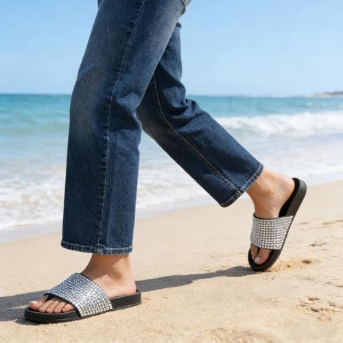 Image of Fur Story Womens Slides House Slippers Rhinestone Glitter Slides Cute bling Flat for Women Platform Sandals Cozy Bedroom Slippers Shower Shoes