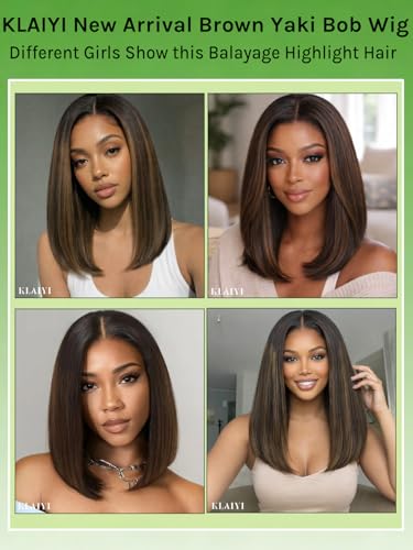 Image of KLAIYI Bye Bye Slip Yaki Straight Bob Wig Glueless Ombre Highlight Balayage Brown Precut 7x5 Lace Front Wigs Human Hair Drawstring Pre Plucked Bleached Knots Ready to Wear and Go Beginners Wig 10Inch
