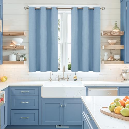 YoungsTex Denim Blue Linen 100% Blackout Kitchen Curtains, Short Thermal
