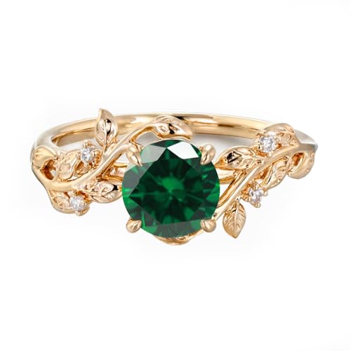 10K/14K/18K Gold 1 Carat Round Gemstone Nature Inspired Engagement Ring for Women Birthstone Leaf Vine Art Deco Wedding Promise Anniversary Rings for Her Wife Bridal Size 4~12