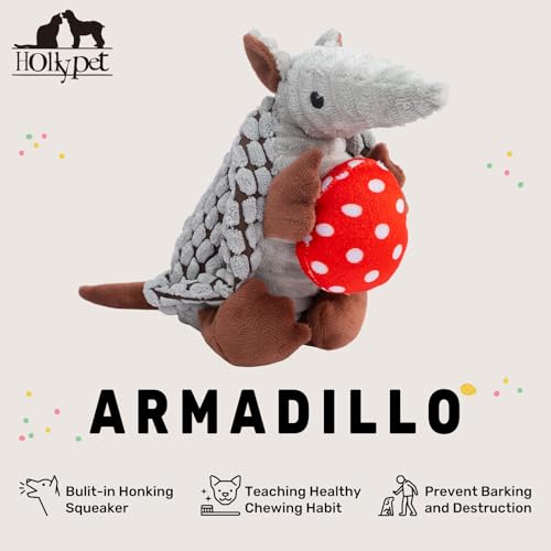 Image of Hollypet Plush Dog Squeaky Toy Stuffed Armadillo Animal Pet Puppy Chew Toys with Clean Teeth for Small Medium Large All Breed Sizes Dogs, Gray, 8 in, Red Eggs with White Dots